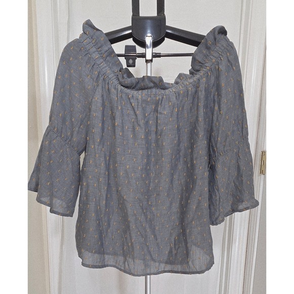 bobeau Tops - Bobeau Martha Off The Shoulder Boho Chambray Clip Dot Top Blue Yellow Medium
